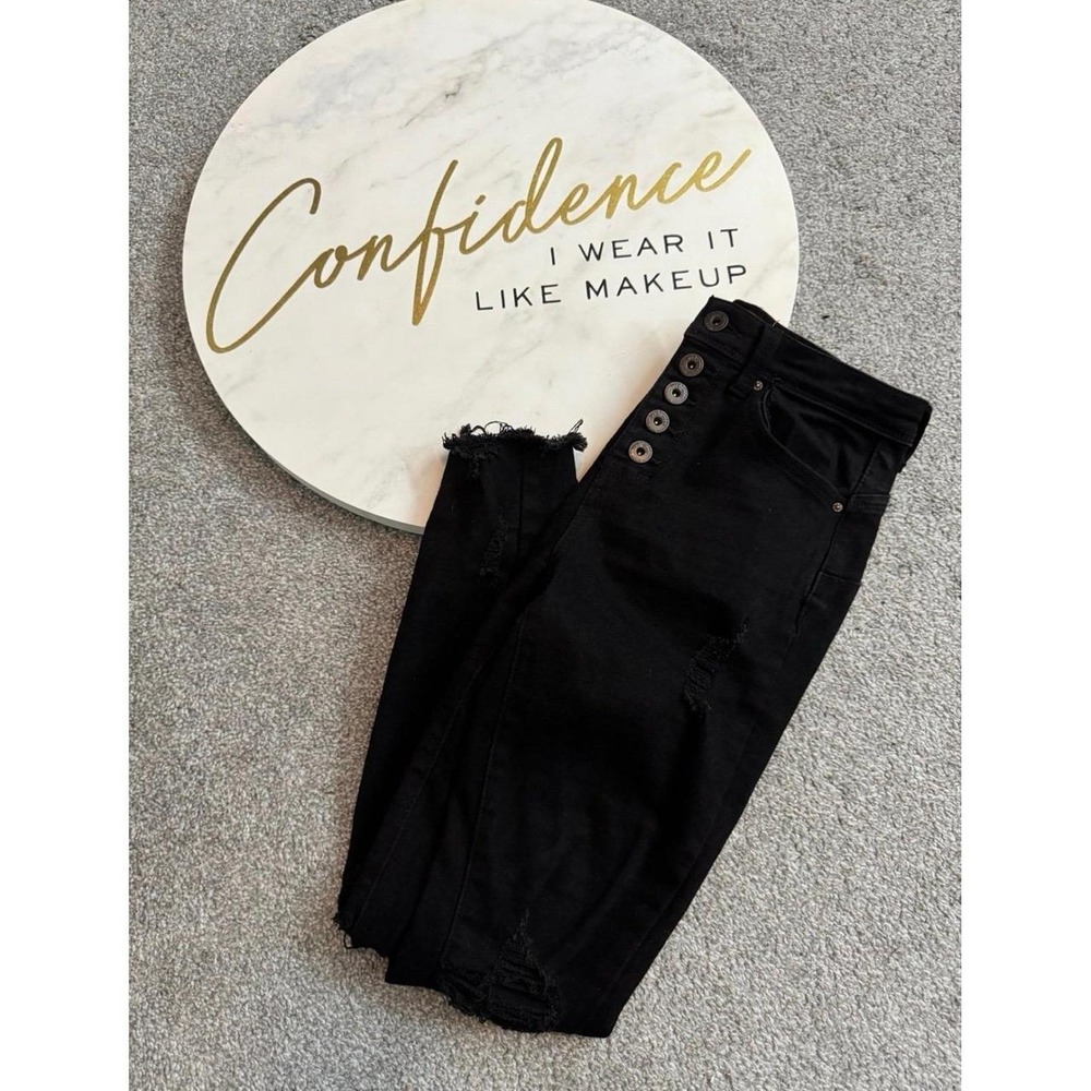 Wax Jean Black Skinny Stretch Ripped Distressed Button Fly Jeans 26